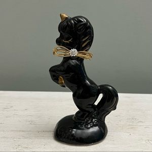 Vintage Black Unicorn with Gold Accents Ceramic Figurine Mythological Gothic